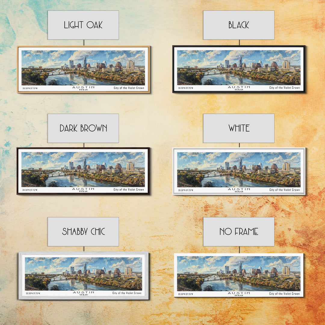 Austin Texas Panoramic Painting, Watercolor Framed Canvas Print, Scenic City Art, Travel Poster, Wall Decor, Living Room Art, Office Wall Art