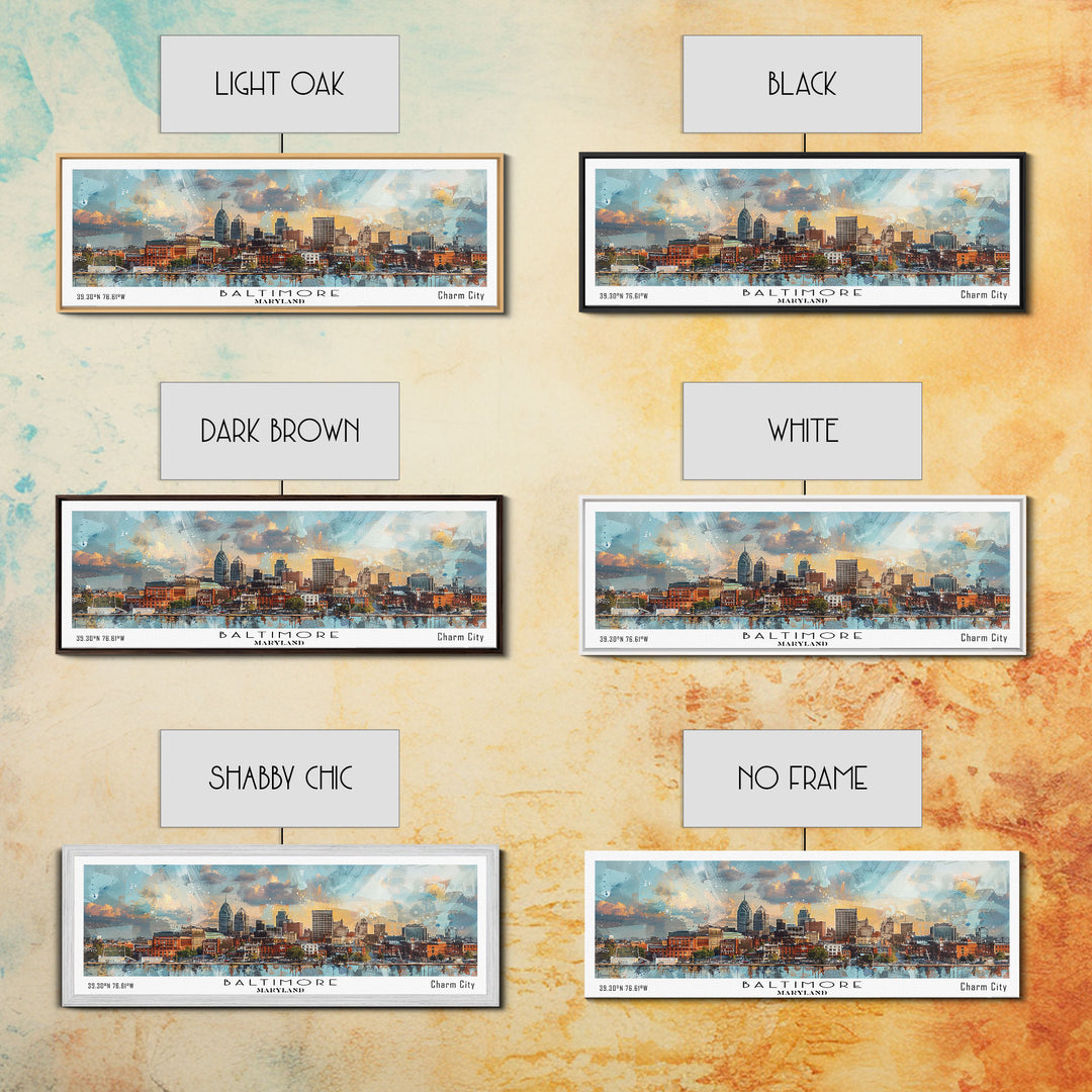 Baltimore Maryland Panoramic Painting, Watercolor Framed Canvas Print, Scenic City Art, Travel Poster, Home Decor, Wall Hanging, Office Wall Art