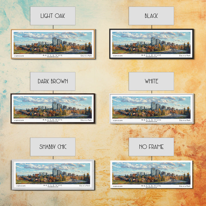 Bellevue Washington Panoramic Painting, Watercolor Framed Canvas Print, Scenic City Art, Travel Poster, Home Decor, Wall Art, Office Wall Art
