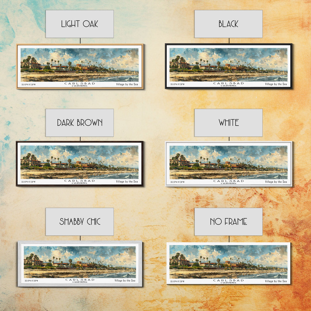 Carlsbad California Panoramic Watercolor Painting Framed Canvas Print, Travel Poster Art, Coastal Home Decor, Picturesque Cityscape, Wall Art for Bedroom, Office Wall Decoration, Travel Enthusiast Gift