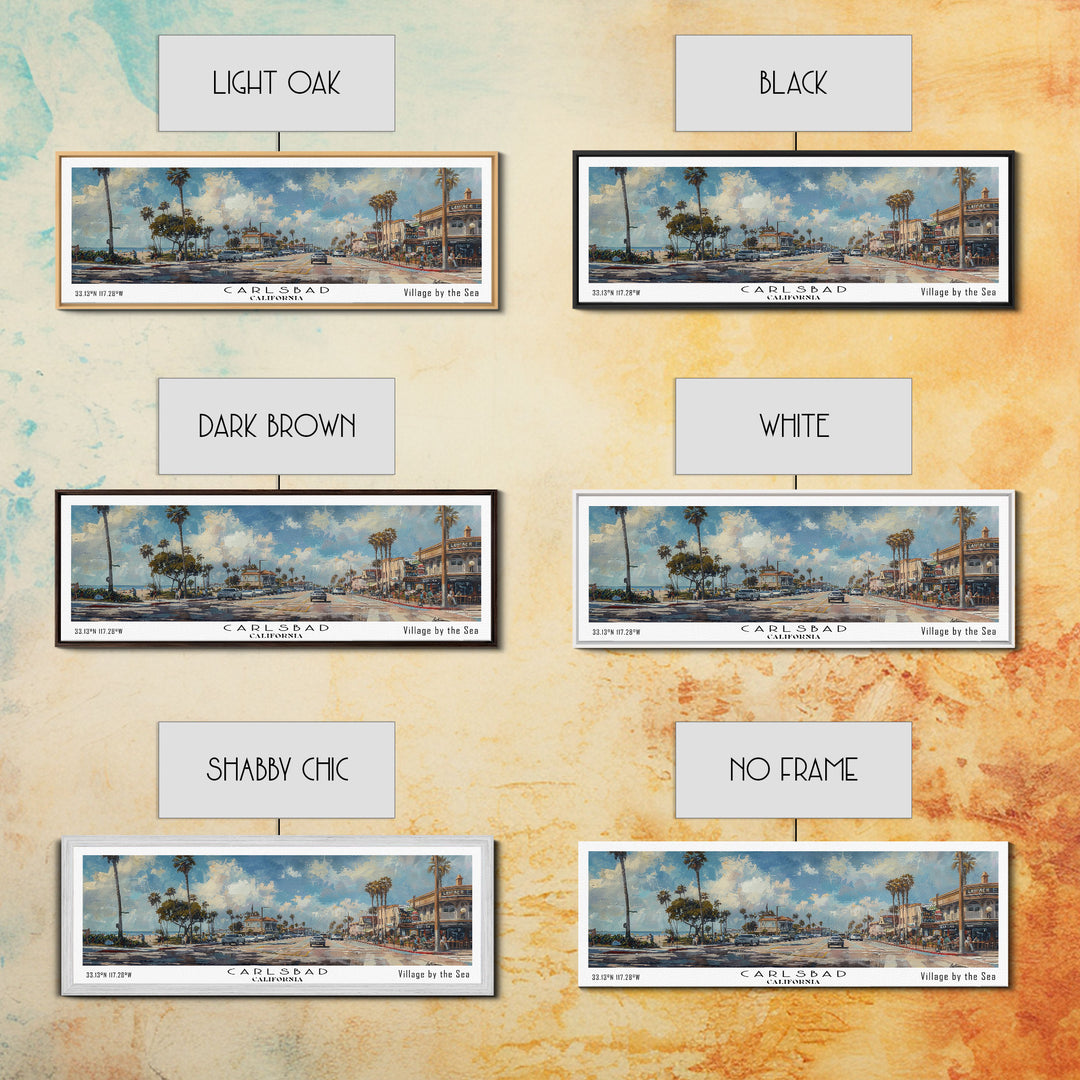 Carlsbad California Panoramic Watercolor Style Framed Canvas Print, Coastal Travel Poster, Home Decor, Picturesque Seascape, Office Wall Art, Living Room Decoration, Unique Gift Idea