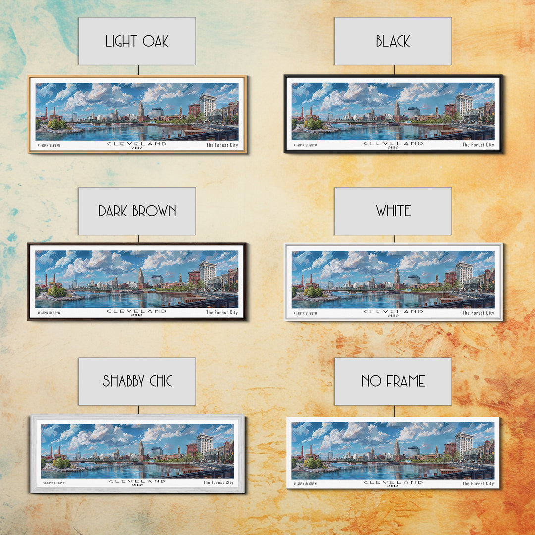 Cleveland Ohio Panoramic Watercolor Painting Framed Canvas Print, Travel Poster Art, Urban Landscape, Bedroom Wall Art, Living Room Decoration, Office Wall Art, Ohio-Themed Gift