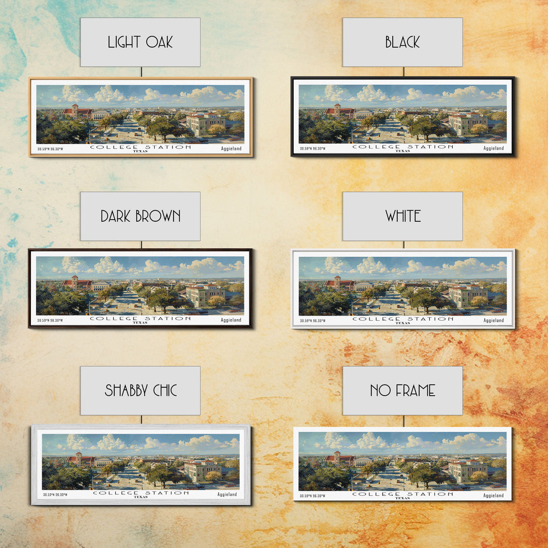 College Station Texas Panoramic Watercolor Painting Framed Canvas Print, Travel Poster Art, Cityscape, Living Room Decor, Wall Hanging, Office Art, Texas-Themed Gift