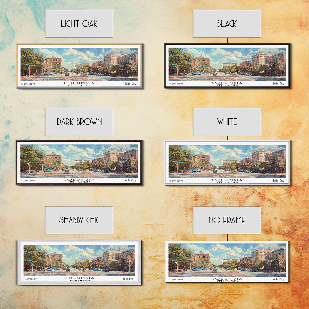 Columbia South Carolina Panoramic Watercolor Painting Framed Canvas Print, Travel Poster Art, Urban Cityscape, Living Room Decor, Wall Hanging, Office Art, Southern Charm Gift