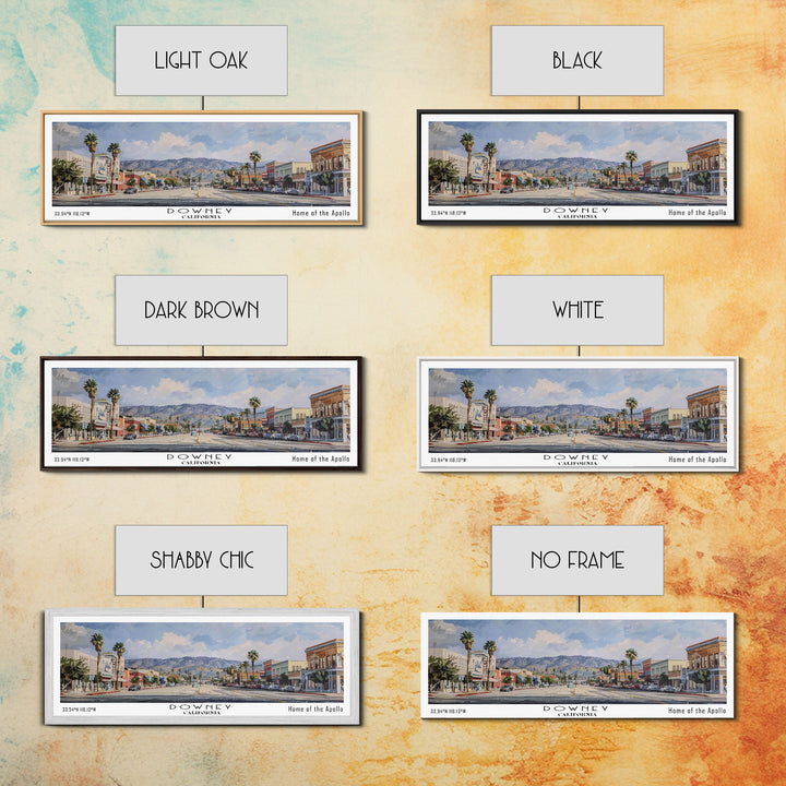 Downey California Panoramic Watercolor Painting, Scenic Framed Canvas Print, Urban Wall Art for Office, Travel Decor, City Print, Gift Idea
