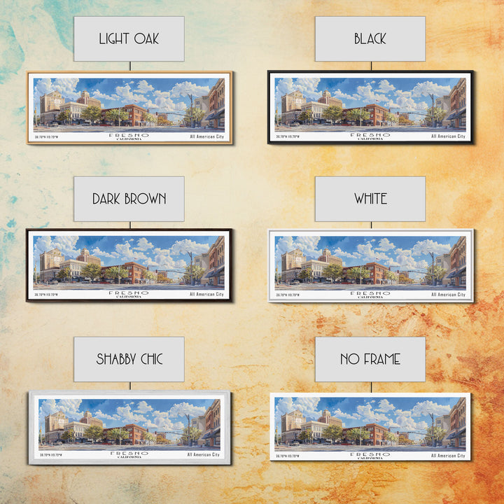 Fresno California Panoramic Watercolor Painting, Scenic Framed Canvas Print, Urban Wall Art for Living Room, Travel Decor, City Print, Gift Idea