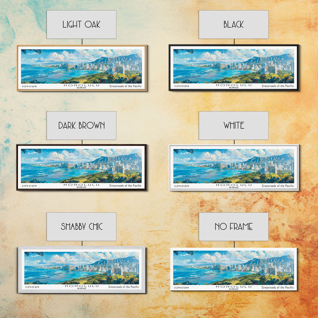 Honolulu Hawaii Panoramic Watercolor Painting, Urban Framed Canvas Print, Cityscape Wall Art for Living Room, Travel Poster, Home Decor, City Gift Idea