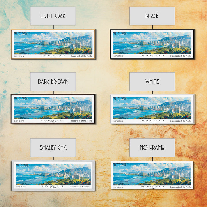 Honolulu Hawaii Panoramic Watercolor Painting, Urban Framed Canvas Print, Cityscape Wall Art for Living Room, Travel Poster, Home Decor, City Gift Idea