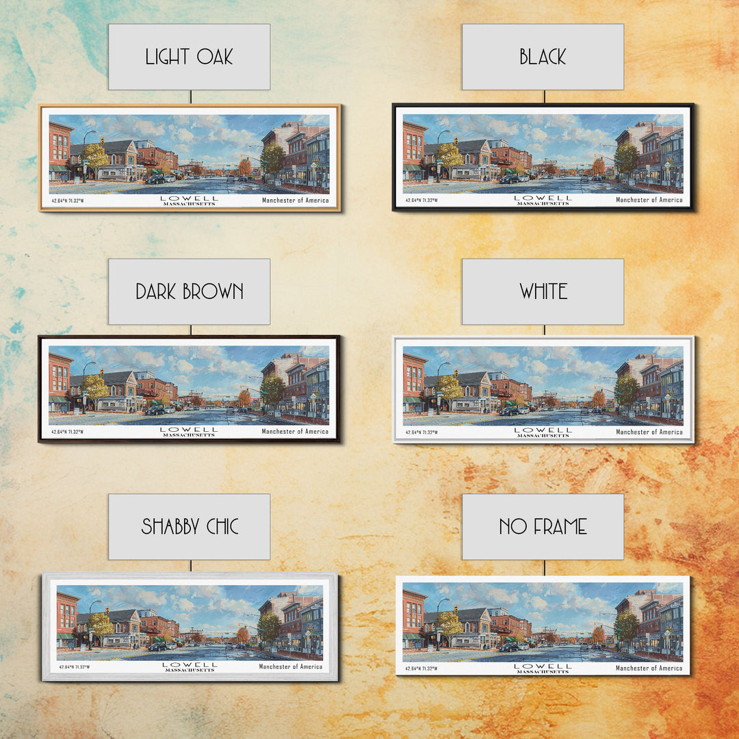 Lowell Massachusetts Panoramic Watercolor Cityscape, Framed Canvas Print for Living Room, Office Wall Art, Urban Decor, Travel Poster