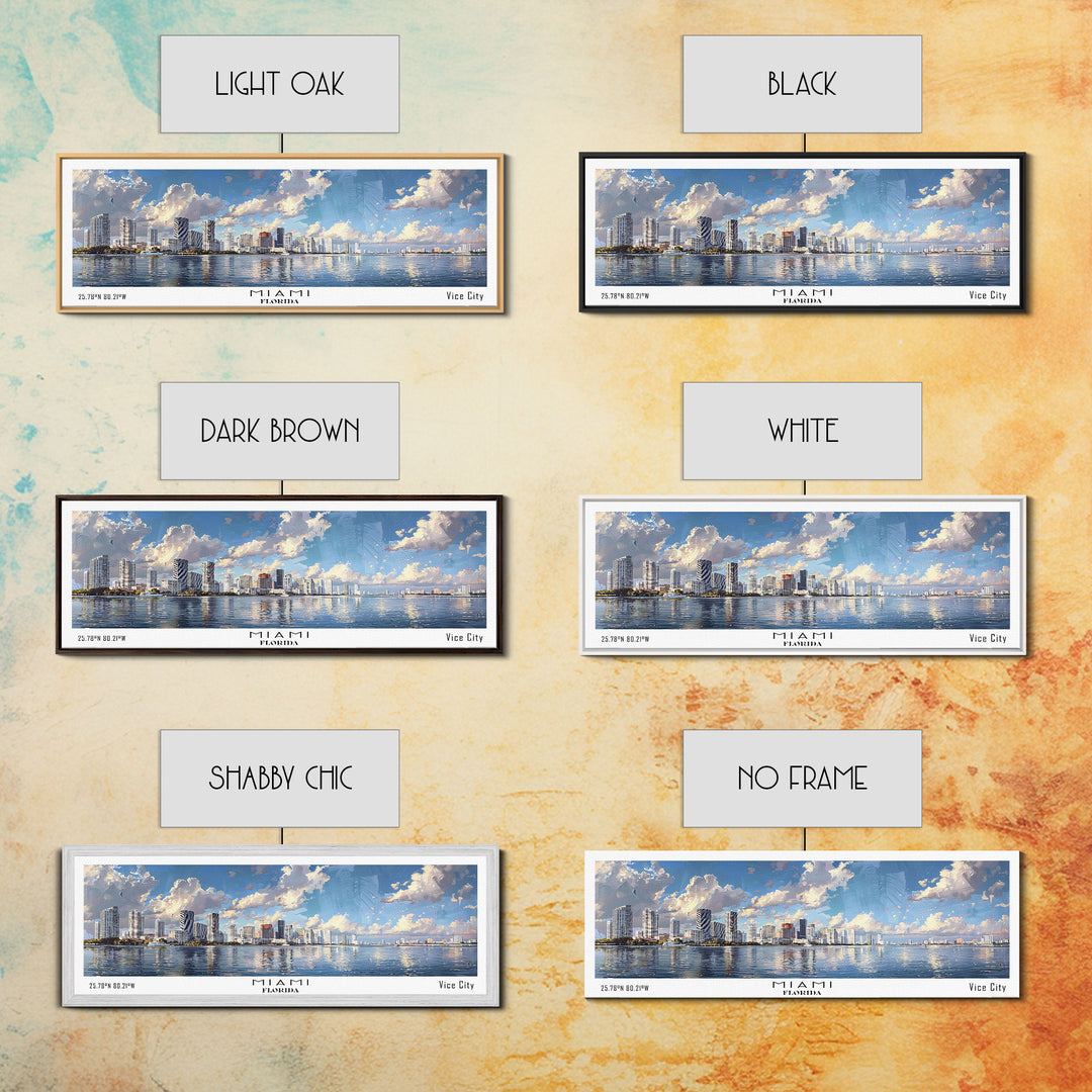 Miami Florida Panoramic Framed Canvas Print, Stunning Watercolor Cityscape, Office Wall Art, Travel Poster, Living Room Decor, City Art