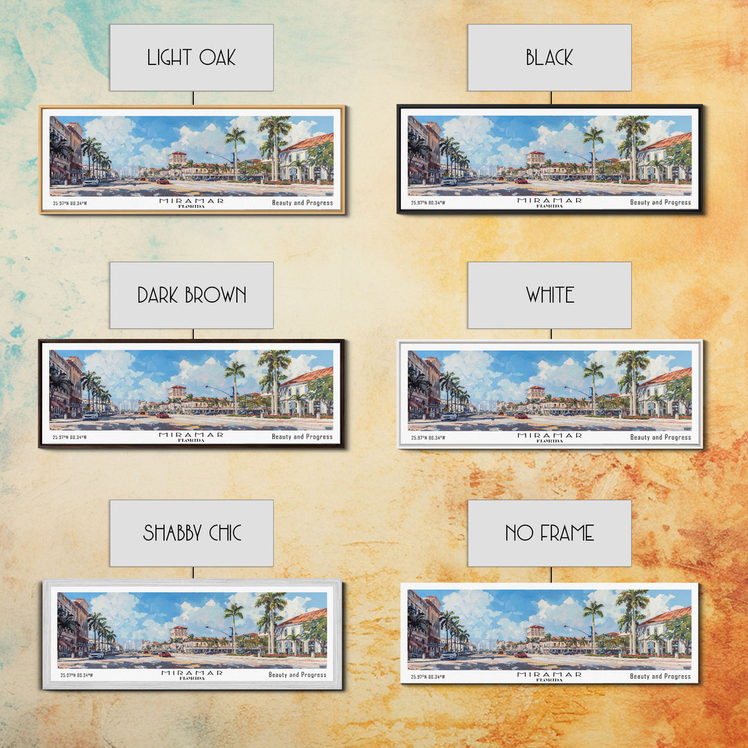 Miramar Florida Panoramic Framed Canvas Print, Beautiful Watercolor Cityscape, Office Wall Art, Travel Poster, Living Room Decor, City Art