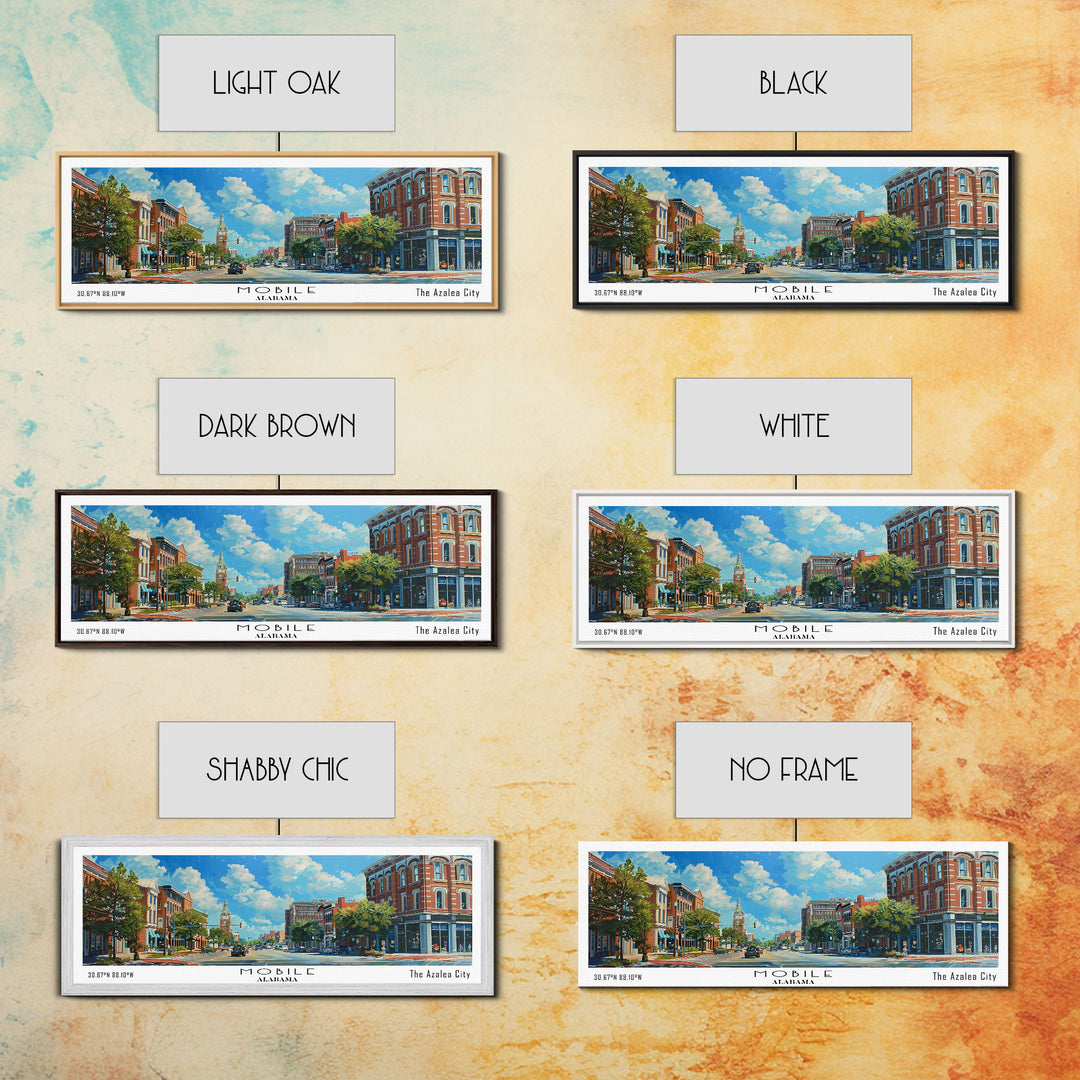 Mobile Alabama Panoramic Framed Canvas Print, Watercolor City Art, Office Wall Decor, Travel Poster, Living Room Decor, City Print