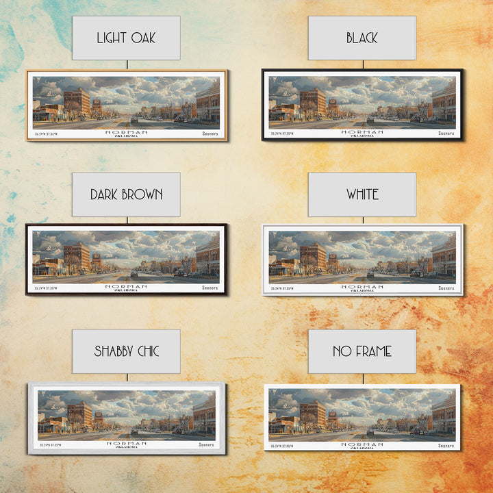 Norman Oklahoma Panoramic Framed Canvas Print, Cityscape Watercolor Painting, Travel Poster for Home Decor, Modern Wall Art, Unique Gift Idea