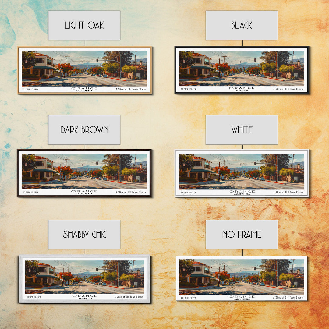 Orange California Panoramic Framed Canvas Print, Cityscape Watercolor Painting, Travel Poster for Home Decor, Urban Art, Unique Gift Idea