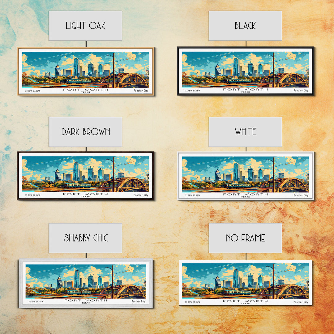 Forth Worth Texas Panoramic Painting Framed Canvas Print, Mid Century Modern Art, Pop Art Style, Travel Poster, Living Room Decor