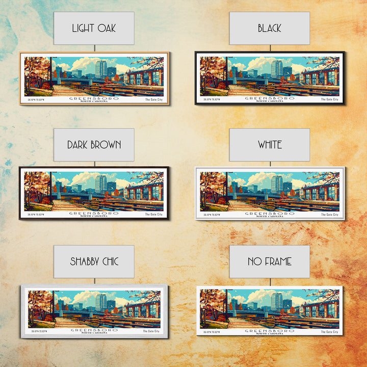 Greensboro North Carolina Panoramic Travel Poster Framed Canvas Print, Mid Century Modern Art, Pop Art Style, Wall Art Decor, Home Decoration