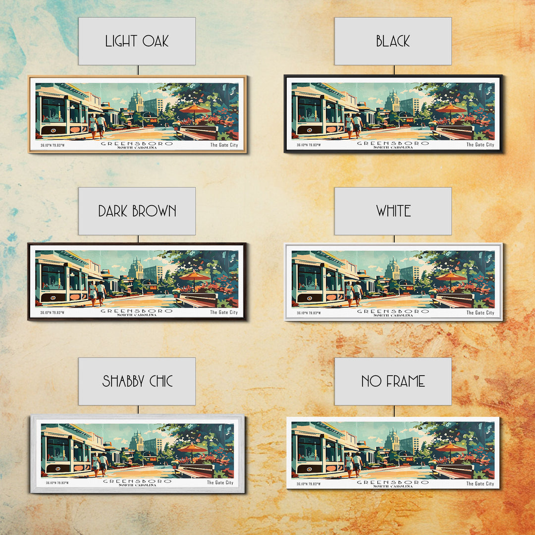 Greensboro North Carolina Panoramic Painting, Mid Century Modern Framed Canvas Print, Retro Pop Art Travel Poster, Wall Art, Living Room Decor, Office Art