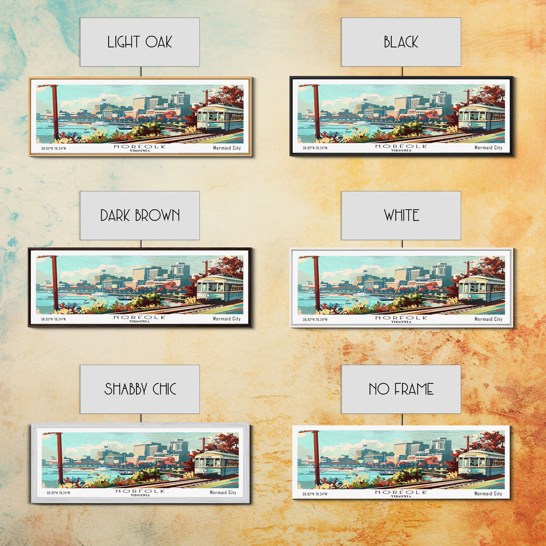 Norfolk Virginia Panoramic Painting, Mid Century Modern Framed Canvas Print, Retro Pop Art Travel Poster, Living Room Art, Home Decor, Office Wall Art, Vintage Style