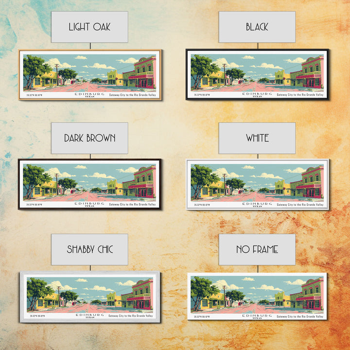 Edinburg Texas Panoramic Wall Art, Mid Century Modern Framed Canvas Print, Retro Pop Art Travel Poster, City Office Art, Living Room Decor