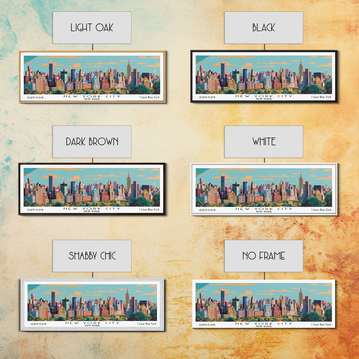 New York New York Panoramic Painting, Mid Century Modern Framed Canvas Print, Retro Pop Art Travel Poster, City Art, Office Wall Decor, Living Room Art