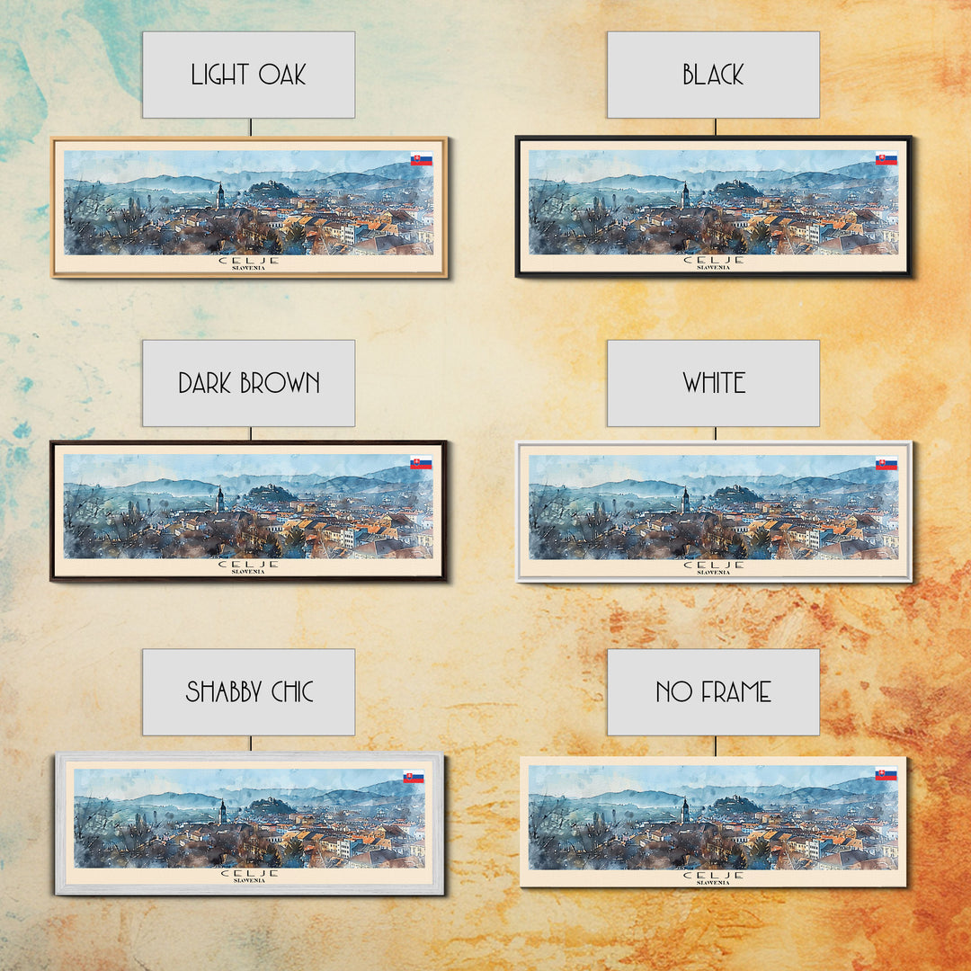 Celje Slovenia Panoramic Travel Poster, Framed Canvas Print or Metal Wall Art, Travel Art, Home Decor, Panoramic Painting, Midcentury Art
