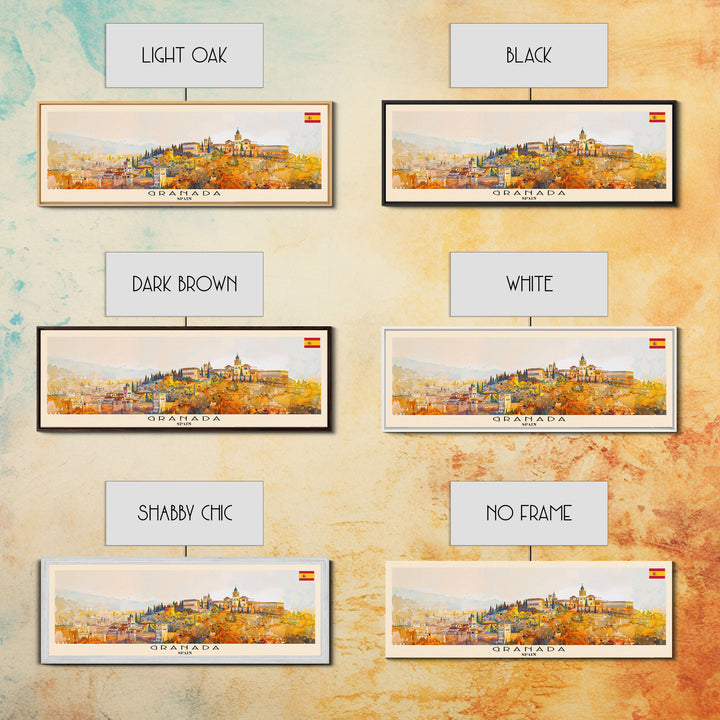 Granada Spain Panoramic Travel Poster, Framed Canvas Print or Metal Wall Art, Travel Art, Home Decor, Panoramic Painting, Midcentury Art