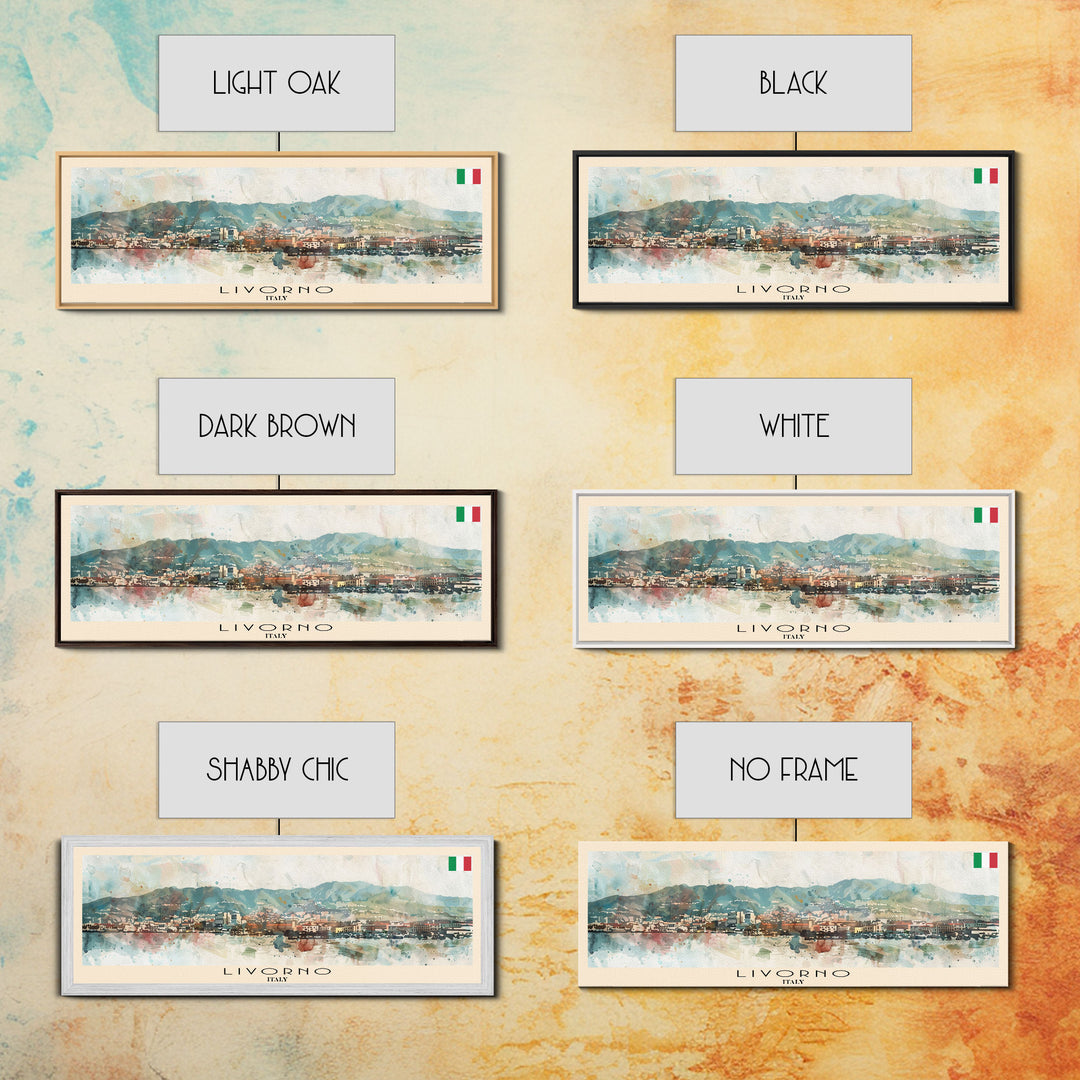 Livorno Italy Panoramic Travel Poster, Framed Canvas Print or Metal Wall Art, Travel Art, Home Decor, Panoramic Painting, Midcentury Art