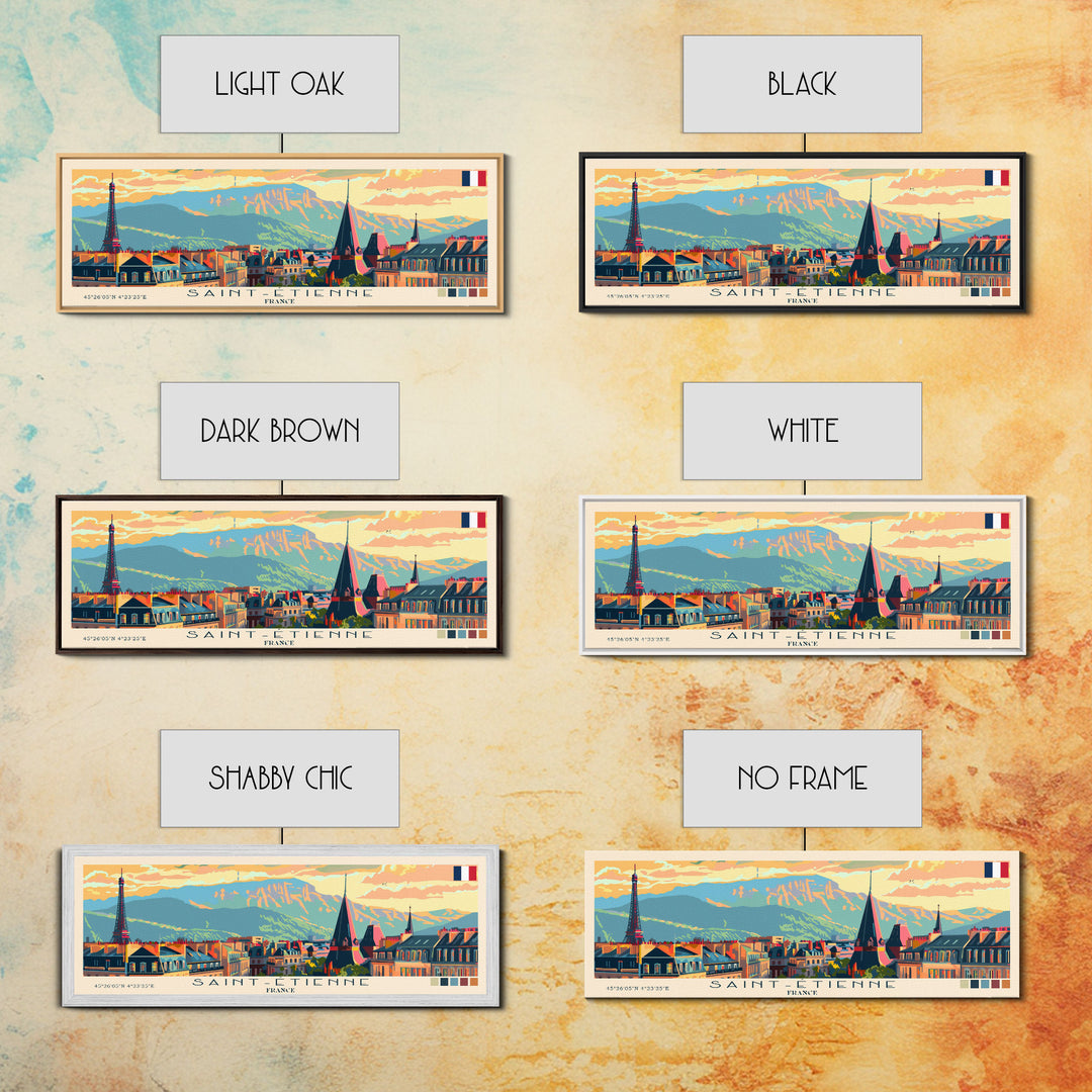 Saint Etienne France Panoramic Travel Poster, Framed Canvas Print or Metal Wall Art, Travel Art, Home Decor, Panoramic Painting, Midcentury Art