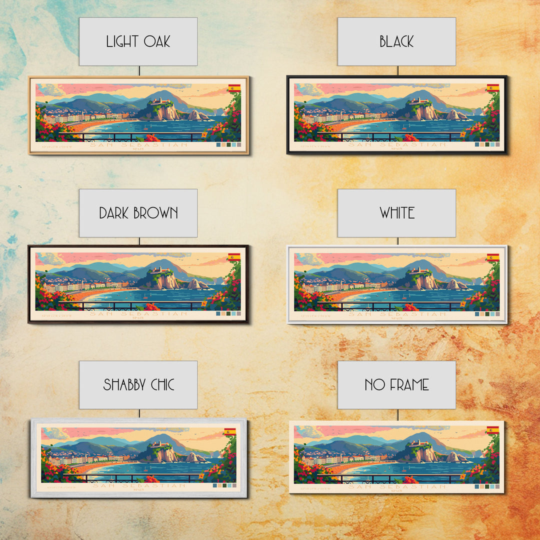 San Sebastian Spain Panoramic Travel Poster, Framed Canvas Print or Metal Wall Art, Travel Art, Home Decor, Panoramic Painting, Midcentury Art