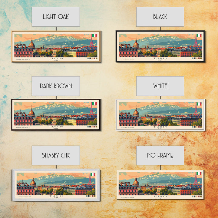 Turin Italy Panoramic Travel Poster, Framed Canvas Print or Metal Wall Art, Travel Art, Home Decor, Panoramic Painting, Midcentury Art