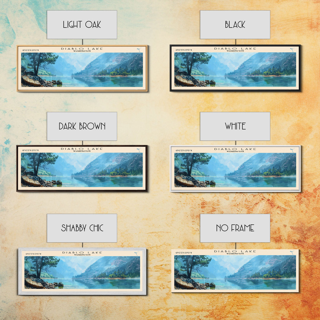 Diablo Lake Washington Framed Canvas Print, Lake House Art, Panoramic Wall Art, Travel Poster, Minimalist Lake Painting, Home Decor