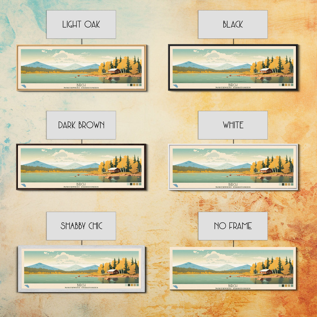Birch Northwest Territories Framed Canvas Print, Panoramic Wall Art, Midcentury Modern, Pop Art, Travel Poster, Scenic Living Room Decor, Lake House Art