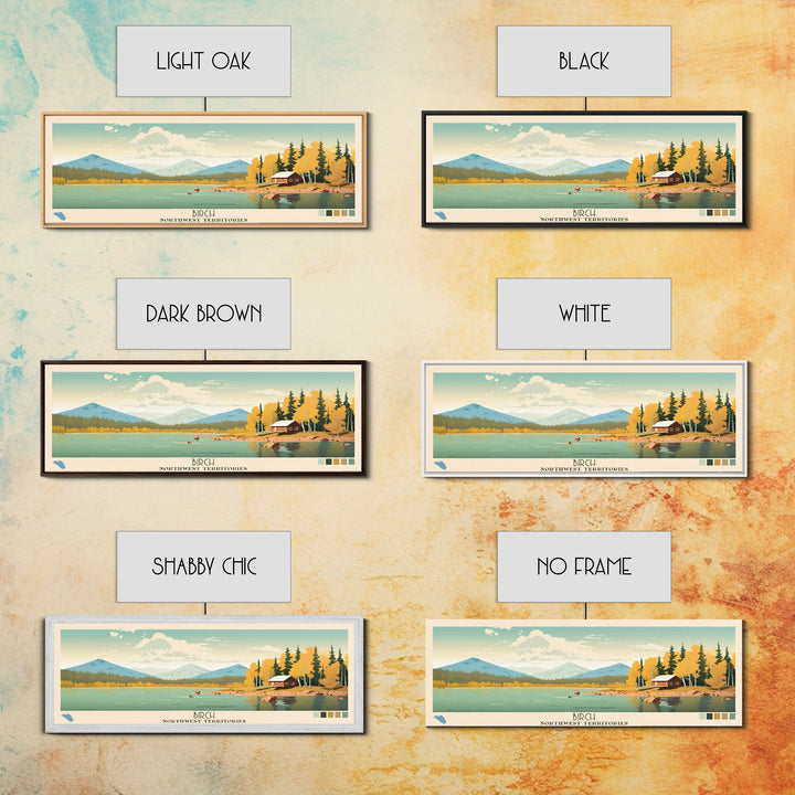 Birch Northwest Territories Framed Canvas Print, Panoramic Wall Art, Midcentury Modern, Pop Art, Travel Poster, Scenic Living Room Decor, Lake House Art