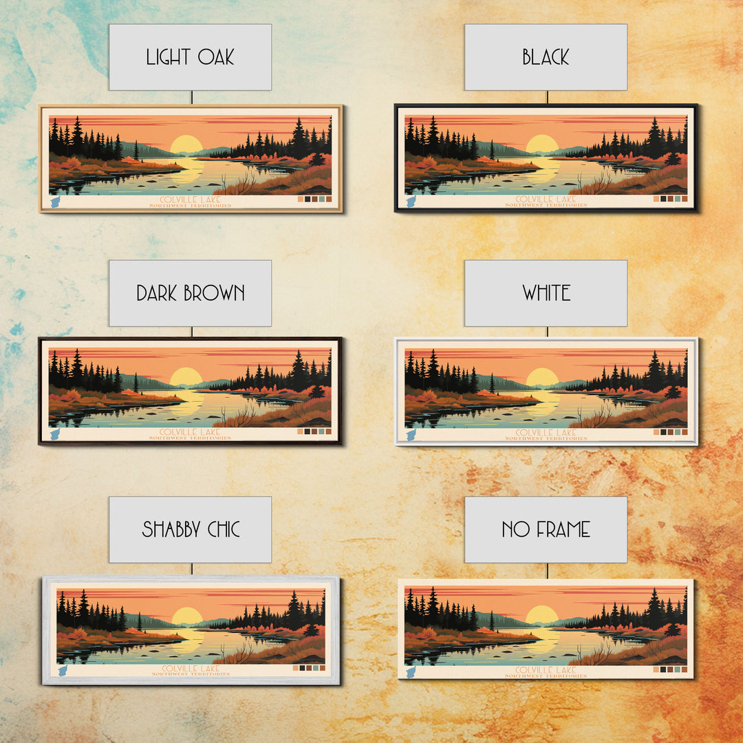 Colville Lake Northwest Territories Framed Canvas Print, Pop Art Panoramic Travel Poster, Bedroom Decor, Midcentury Modern, Wall Art, Scenic Lake House, Nature Art