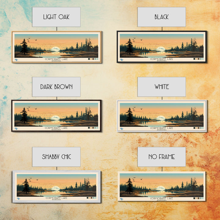 Cormorant Lake Manitoba Framed Canvas Print, Pop Art Panoramic Travel Poster, Midcentury Modern, Wall Art, Scenic Nature Painting, Bedroom Decor, Living Room Art