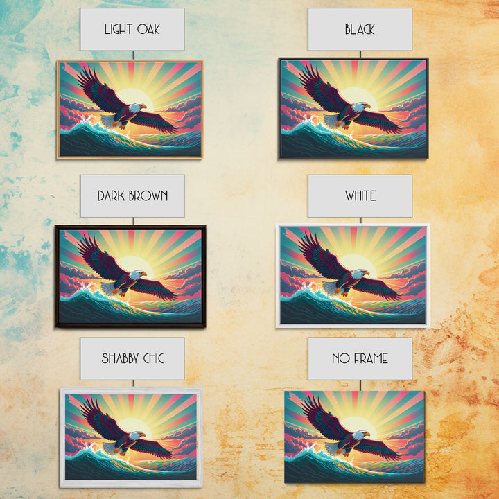 Retrowave bald eagle, pastel sunset, framed canvas print