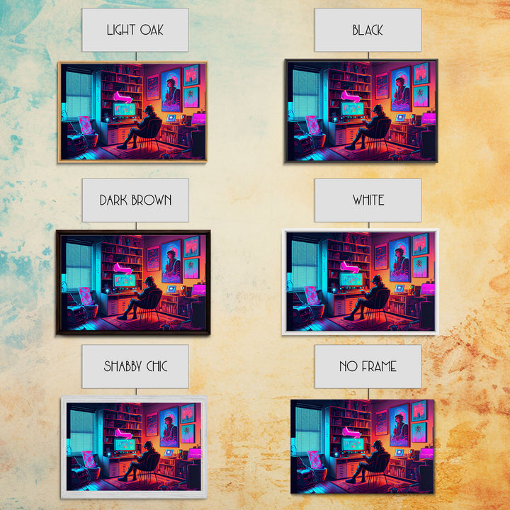 Jacked In - VR headset art, synthwave framed canvas print, cool office art