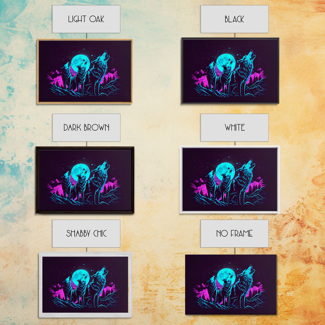 Howl at the moon - turquoise wolf pack howling at the moon, framed canvas print, vaporwave art