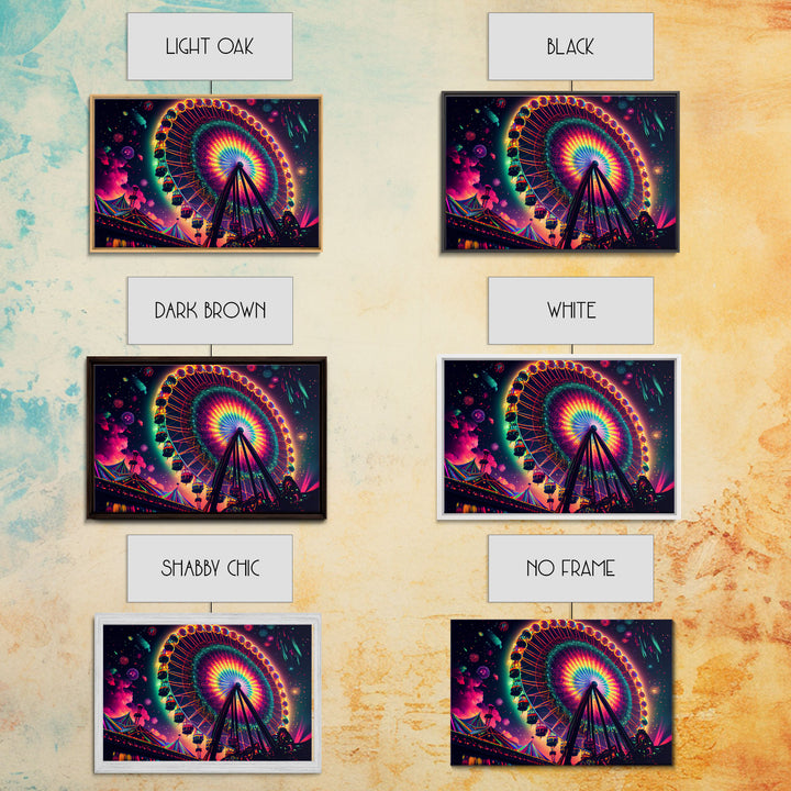 Colorful boardwalk art, neon lit night time ferris wheel, framed canvas print, framed wall art