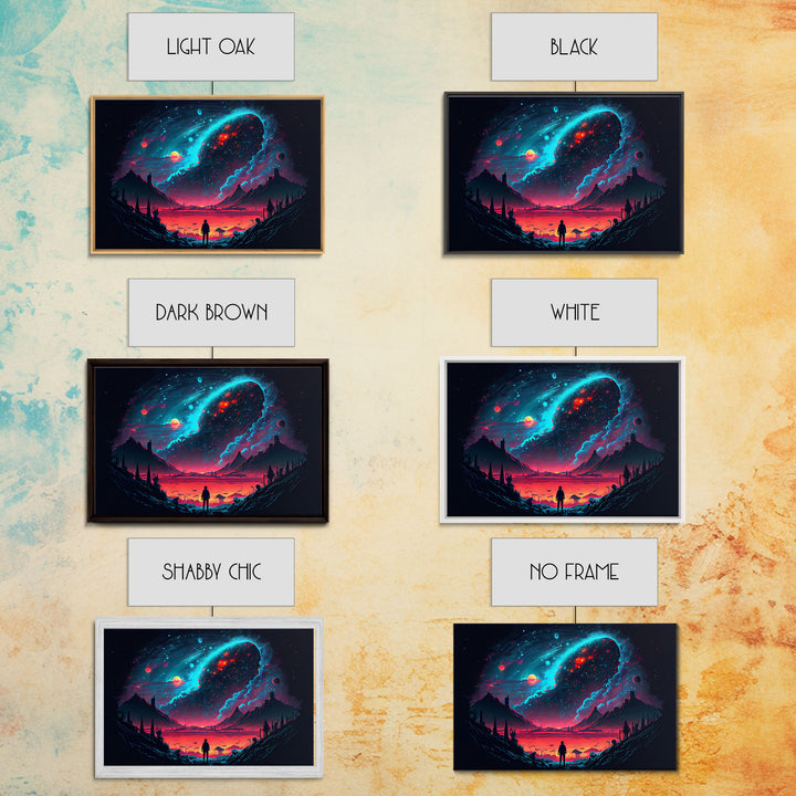 Strange new worlds among  the stars, scifi retrowave art, framed canvas print, unique wall art