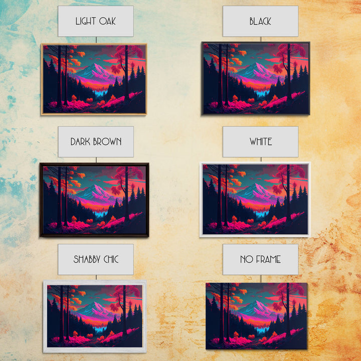 Synthwave style watercolor painting of a mountain and forest, framed canvas print, colorful wall art