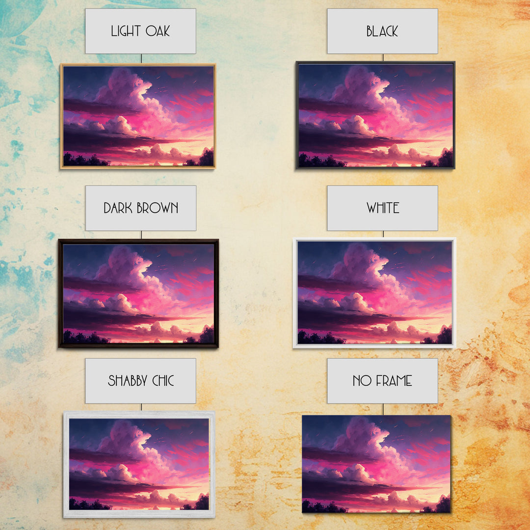 Contemporary Sunset Cloudy Sky, Framed canvas print, colorful landscape art, living room decor