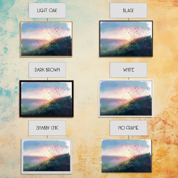 Serene Sunset, Watercolor Landscape Art, Framed Canvas Print, colorful wall art, above couch living room art