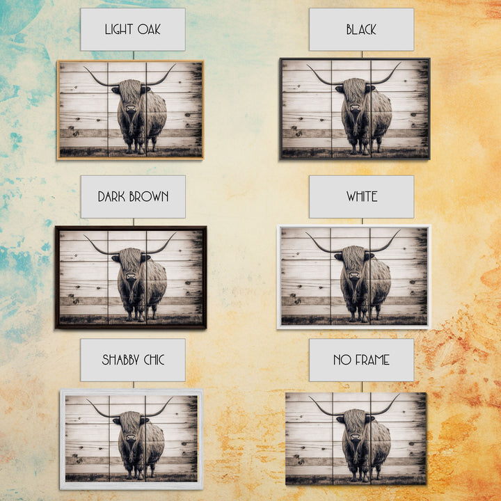 Rustic Cattle Art, Framed Canvas Print, Framed Wall Art, Primitive Rustic Minimalist Farmhouse Decor, Highland Cattle Distressed Art