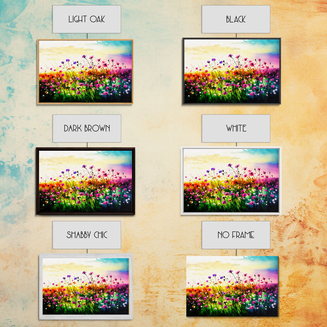 Field Of Rainbow Colored Wild Flowers, Watercolor, Framed Canvas Print, Original Art, Large Format Art, huge living room art