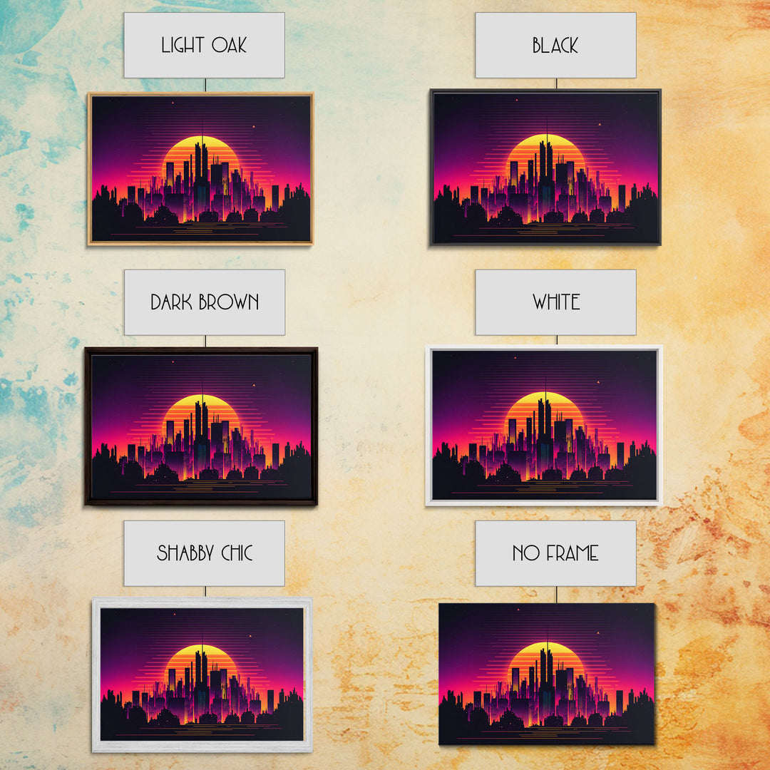 Outrun Style Futuristic Cyberpunk City Skyline at Sunset, Concept art, framed canvas print, dystopian art