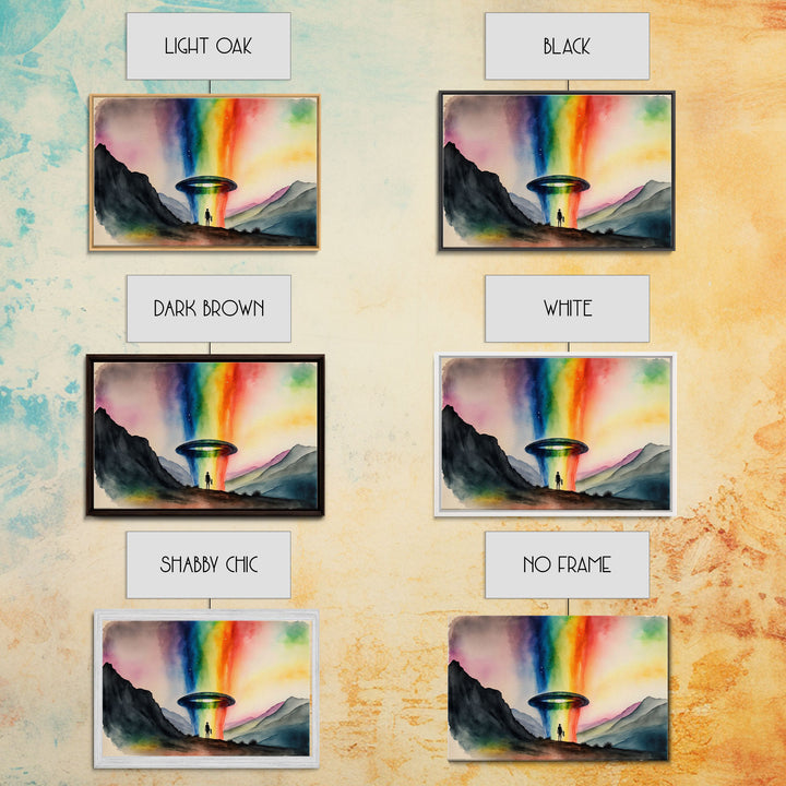 The Abduction, Rainbow UFO Art, Watercolor, Framed Canvas Print, Science Fiction Wall Decor