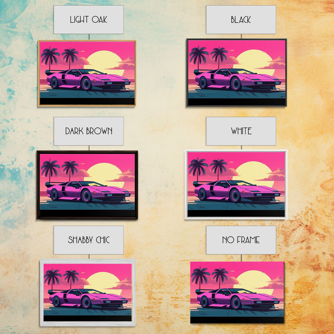 Classic sport car Wall Art, Framed Canvas Print, Guest room art, Beautiful sunset, Synthwave Style, Pink Colors, Pop Art Style, Tropical art