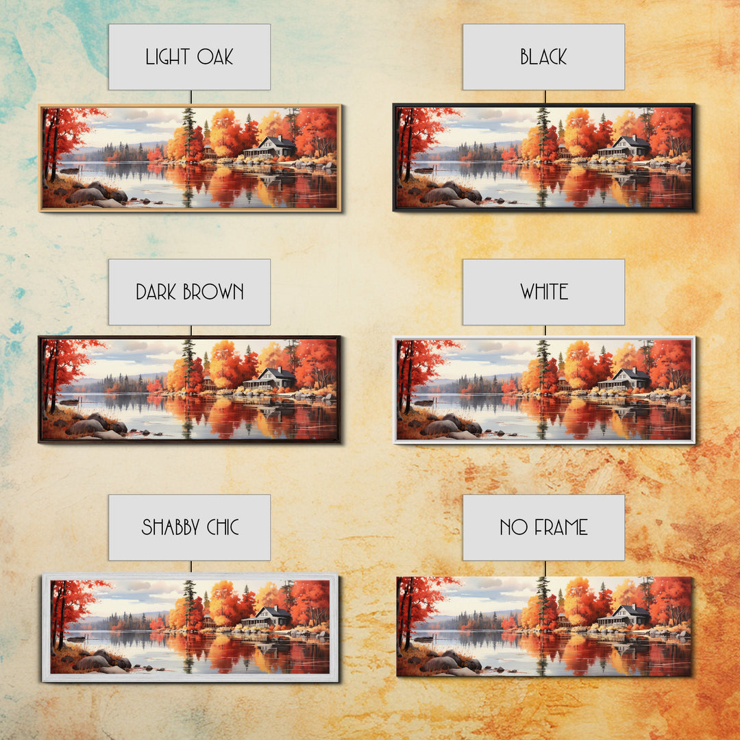 Autumn Cozy Cabin on The Lake, Framed Canvas Print, Farmhouse Decor, Landscape Painting, Unique Wall Art, Fall Decor