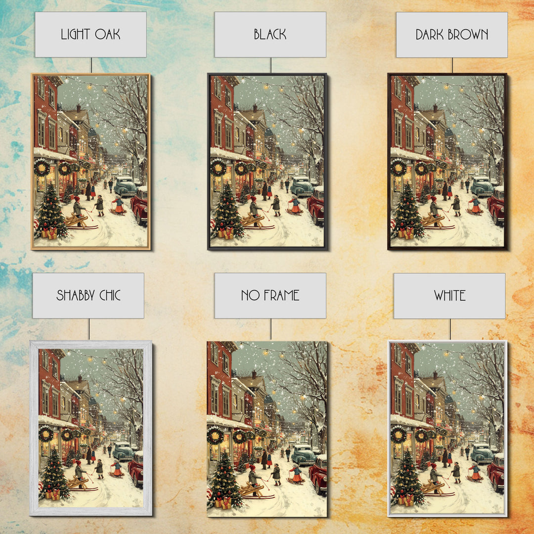 Vintage Christmas Town Scene with Children Playing in Snow, Holiday Street Decor and Wreaths, Framed Canvas Print for Winter Wall Art